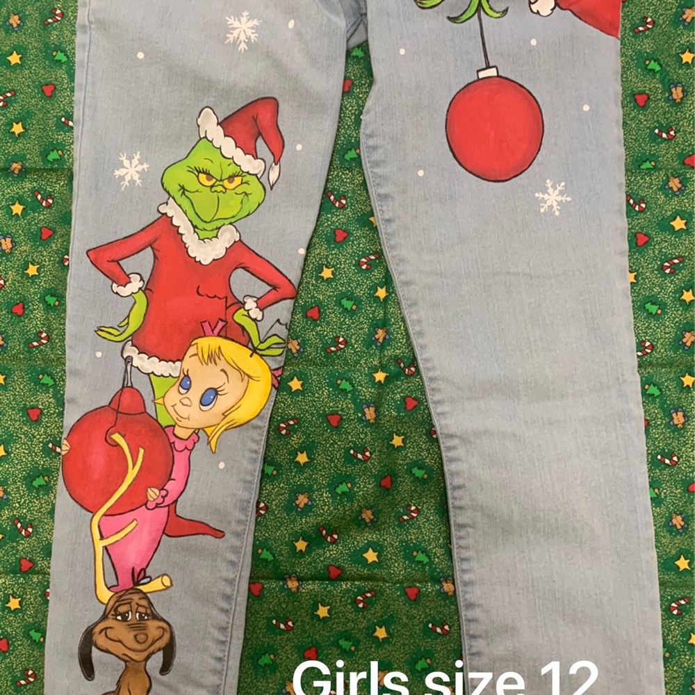 Hand Painted Grinch girls jeans